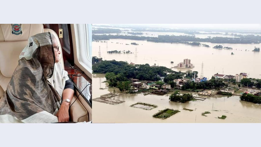 PM inspects flood situation in Sylhet, Netrokona, Sunamganj