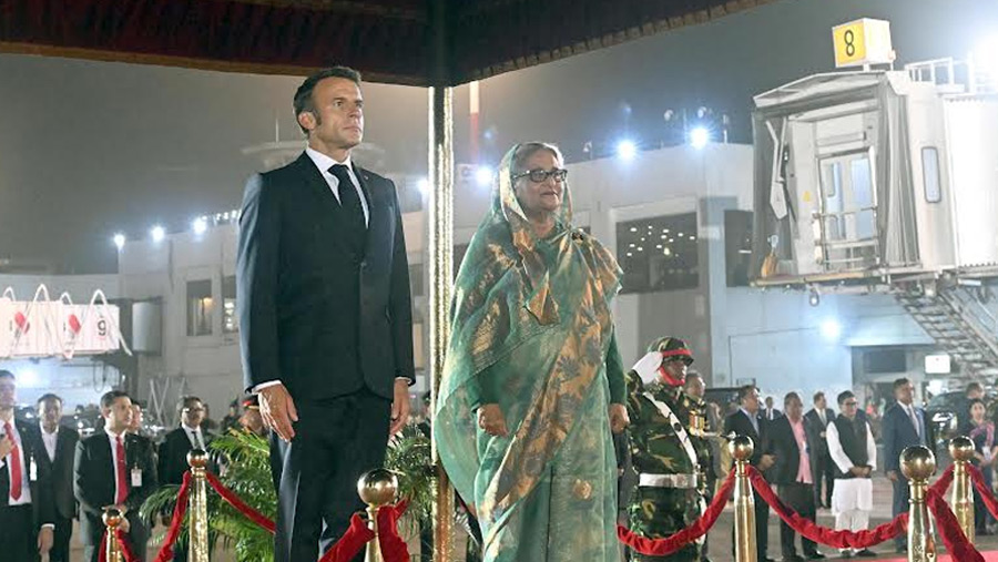 French President Macron arrives in Dhaka